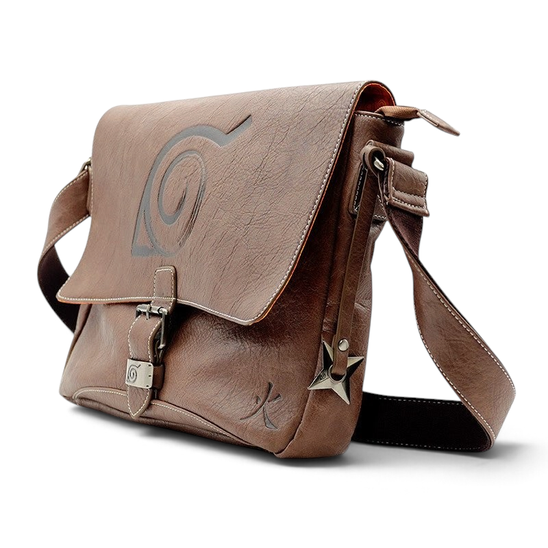 Fans Geek Store brown Naruto Shippuden Konoha Village messenger bag with embossed leaf symbol and metal shuriken charm