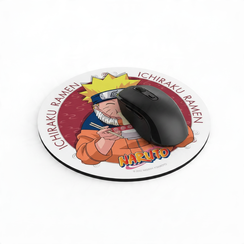 Fans Geek Store round Naruto Ichiraku Ramen mouse pad with a black computer mouse on top
