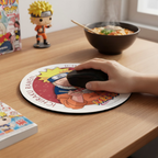 Fans Geek Store round Naruto Ichiraku Ramen mousepad with a fabric surface and non-slip base on a wooden desk