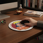 Fans Geek Store round Naruto Ichiraku Ramen mousepad with a woven fabric surface on a wooden desk with a computer mouse