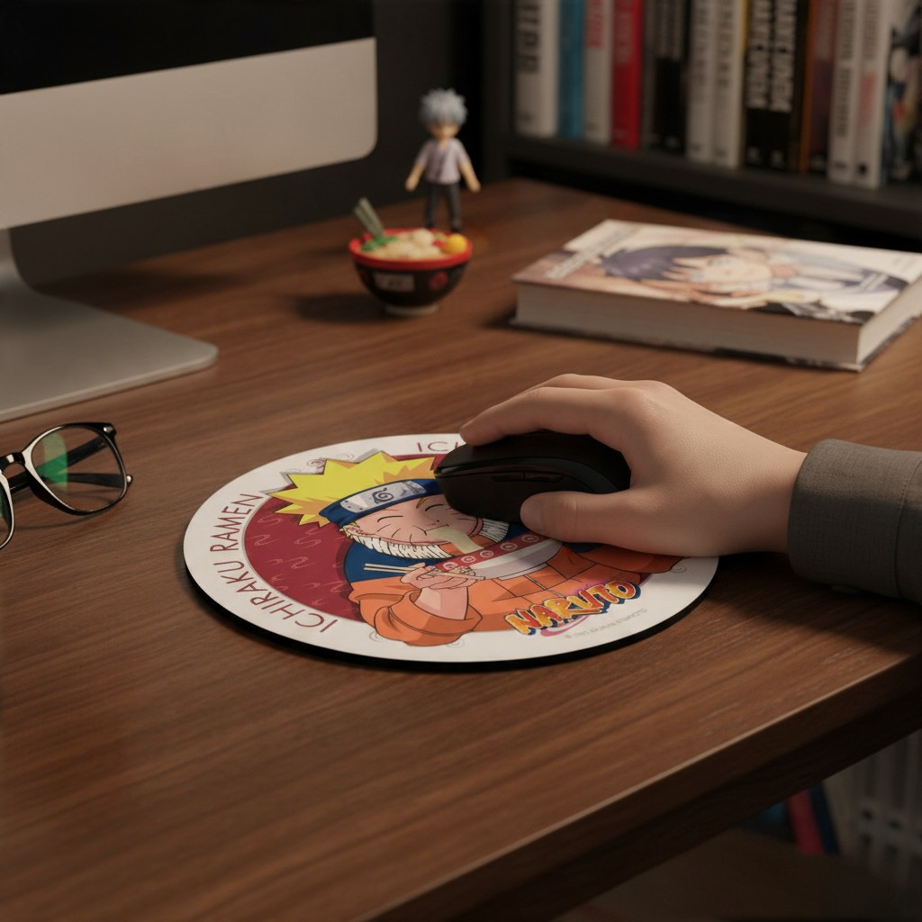 Fans Geek Store round Naruto Ichiraku Ramen mousepad with a woven fabric surface on a wooden desk with a computer mouse