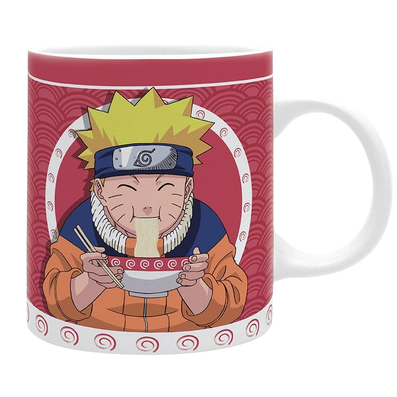 Fans Geek Store Naruto ceramic mug featuring Naruto Uzumaki eating ramen at Ichiraku on a red patterned background