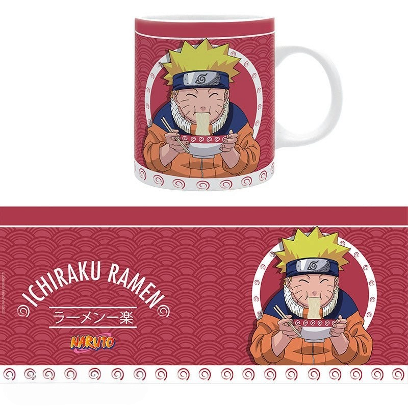 Fans Geek Store Naruto Ichiraku Ramen ceramic mug featuring Naruto Uzumaki eating ramen on a red patterned background