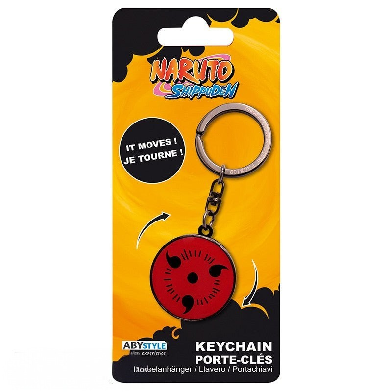 Fans Geek Store Naruto Shippuden metal keychain featuring a red rotating Sharingan eye on a branded blister card.