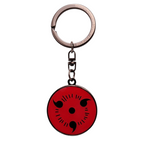 Fans Geek Store Naruto Shippuden metal keychain featuring a rotating red Sharingan eye design on a silver ring.