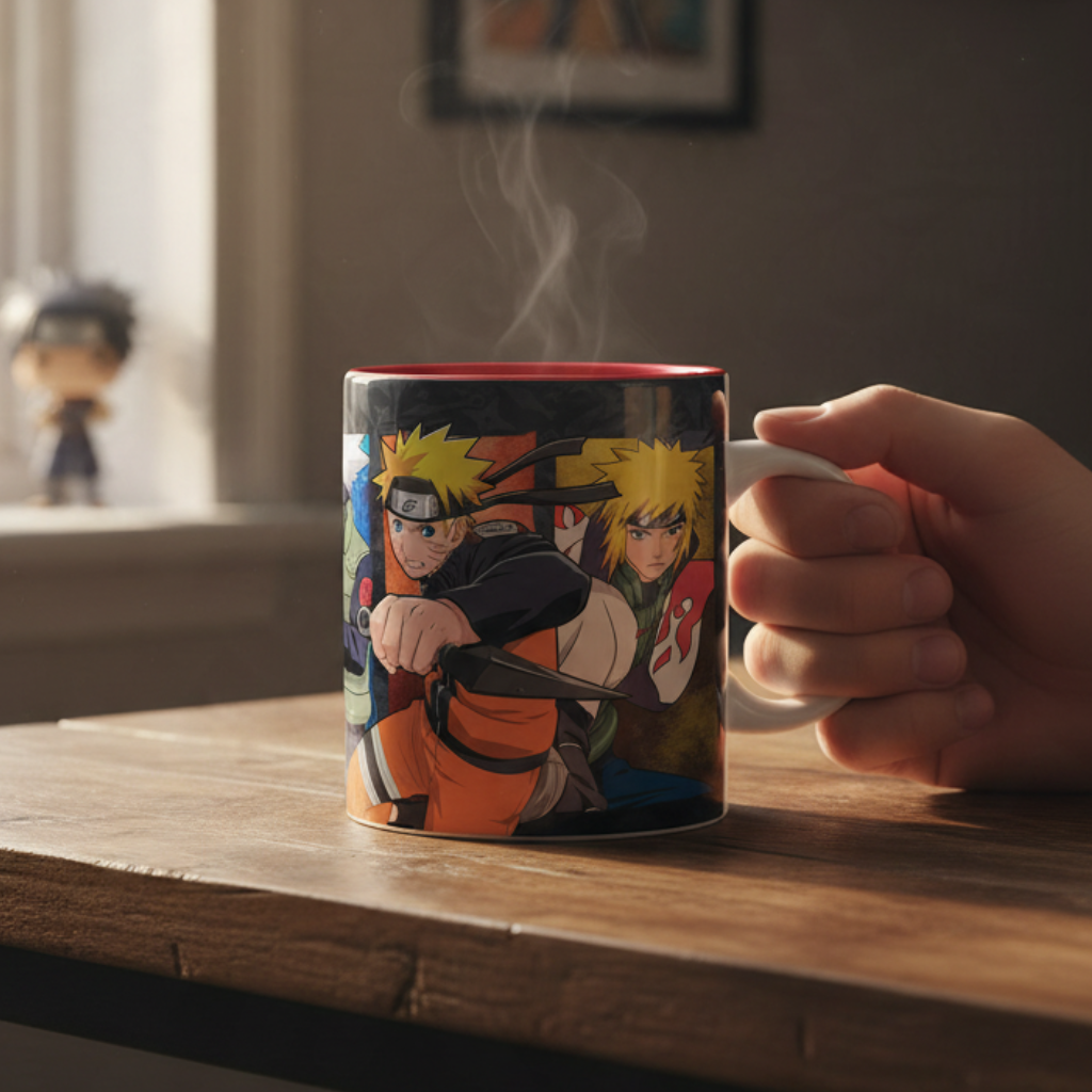 Fans Geek Store Naruto Shippuden ceramic mug featuring a group of Konoha ninja characters held on a wooden table