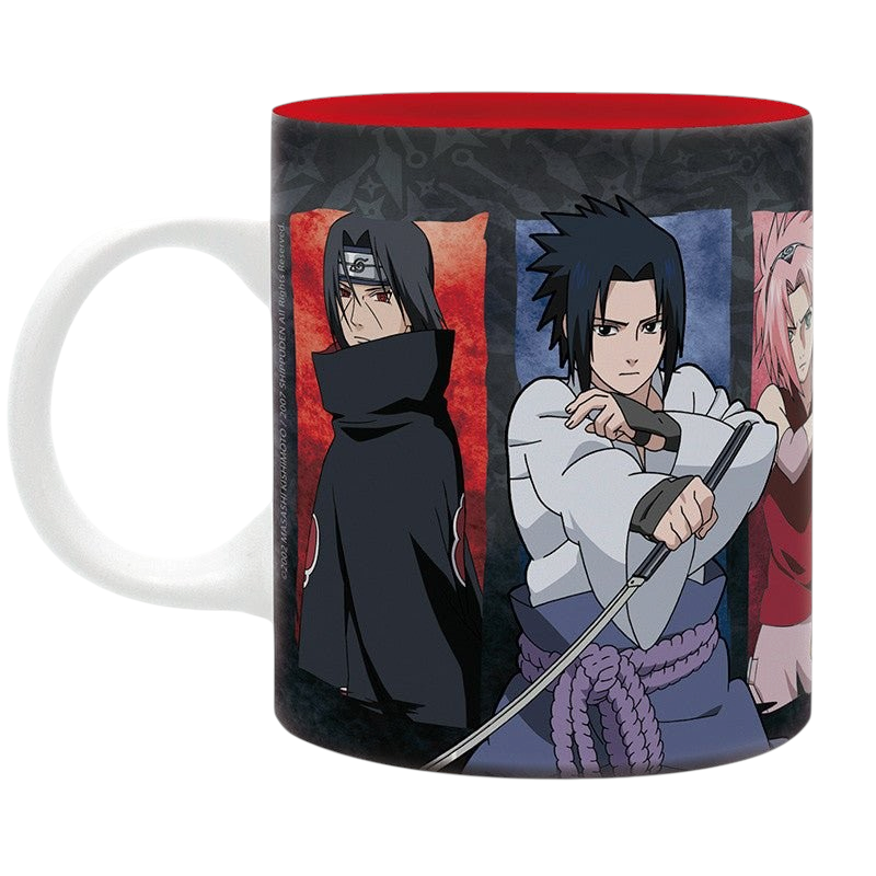 Fans Geek Store Naruto Shippuden ceramic mug featuring a group design of Itachi, Sasuke, and Sakura with a red interior