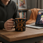 Fans Geek Store Naruto Shippuden ceramic mug featuring the Konoha emblem and Kyubi seal in orange on a black background