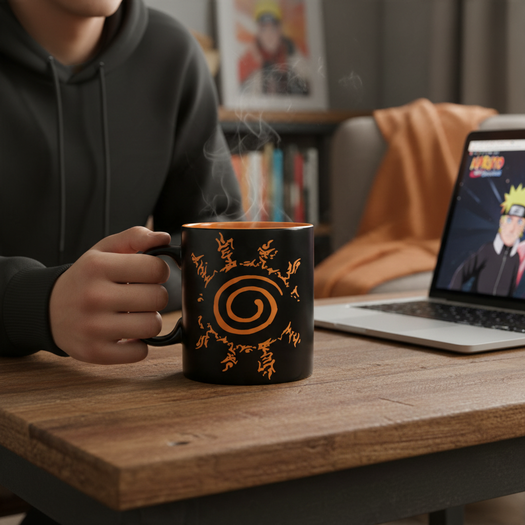 Fans Geek Store Naruto Shippuden ceramic mug featuring the Konoha emblem and Kyubi seal in orange on a black background