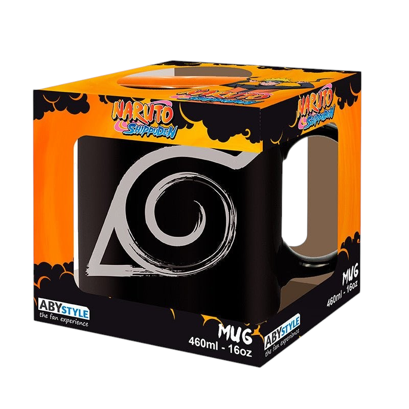 Fans Geek Store Naruto Shippuden ceramic mug featuring the Konoha village emblem and Kyubi seal in a display box