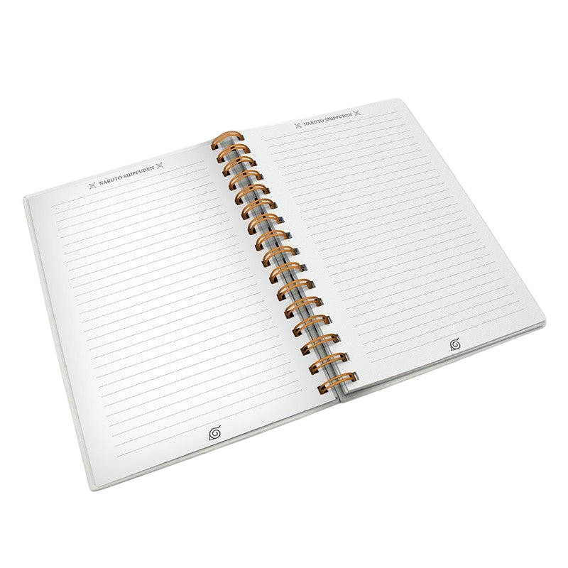 Fans Geek Store Naruto Shippuden A5 spiral notebook open to show lined pages with Konoha leaf symbol branding