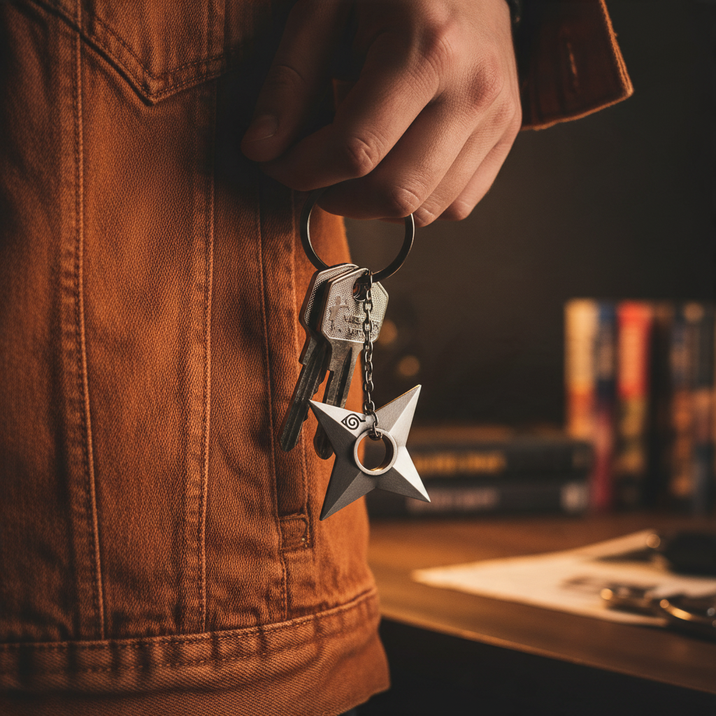 Fans Geek Store Naruto Shippuden metal shuriken keychain with Konoha symbol held by a person in a brown jacket