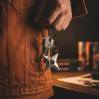 Fans Geek Store Naruto Shippuden metal shuriken keychain with Konoha symbol held by a person in a brown jacket
