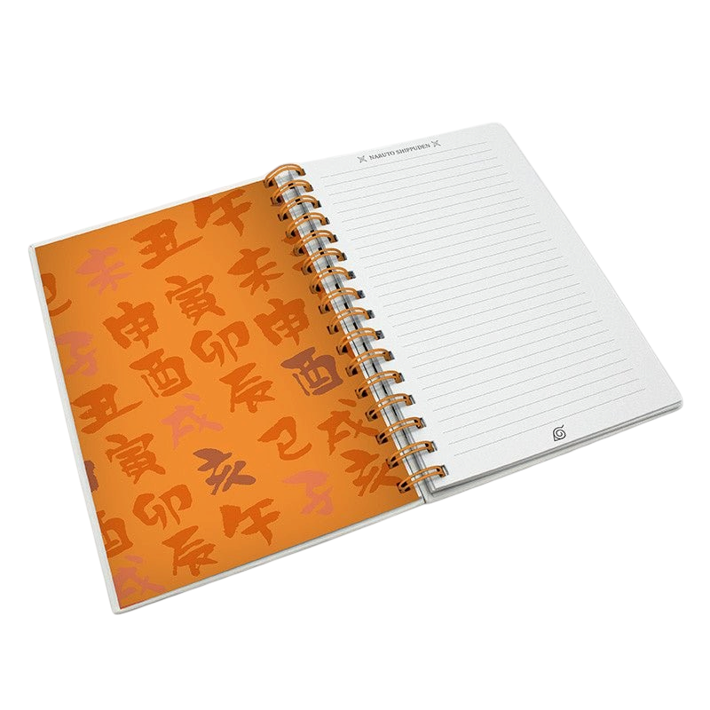Fans Geek Store Naruto Shippuden A5 spiral notebook open to a lined page with orange Japanese character pattern