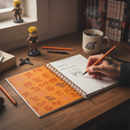 Fans Geek Store Naruto Shippuden A5 spiral notebook with Team 7 design, open on a desk with a hand drawing Naruto.