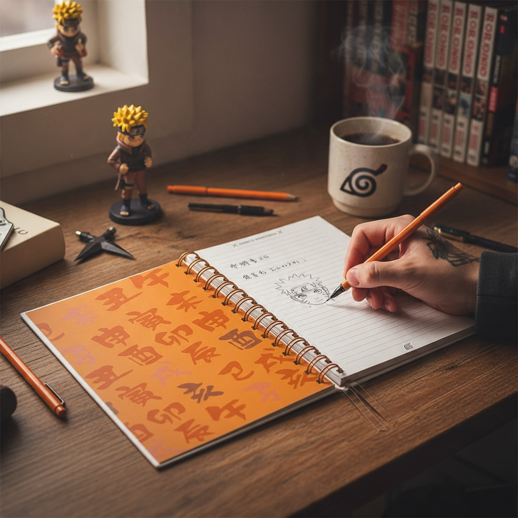 Fans Geek Store Naruto Shippuden A5 spiral notebook with Team 7 design, open on a desk with a hand drawing Naruto.