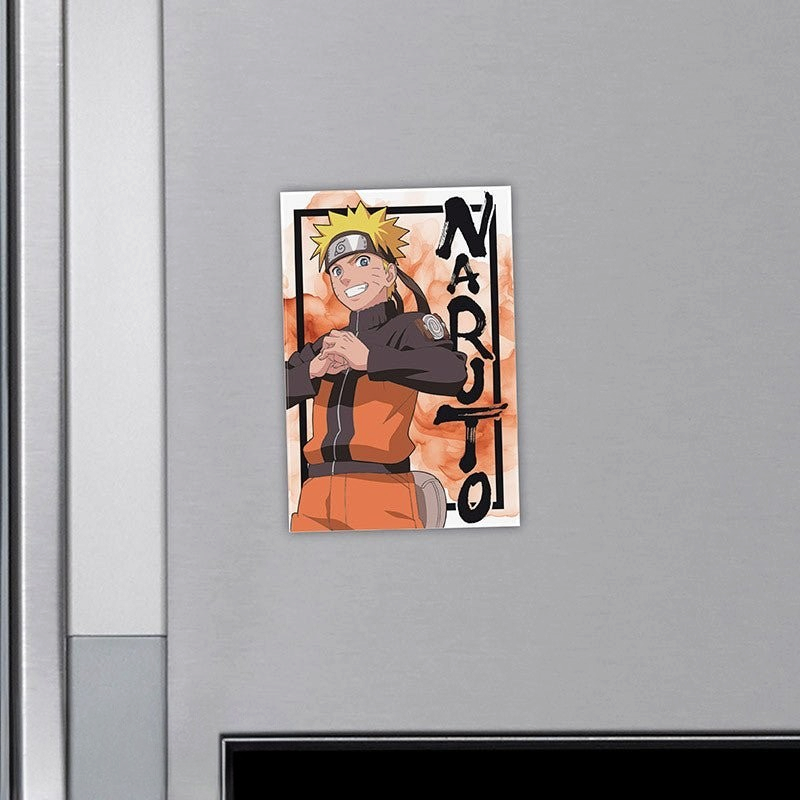 Fans Geek Store Naruto Uzumaki rectangular magnet with matte finish on a grey refrigerator door