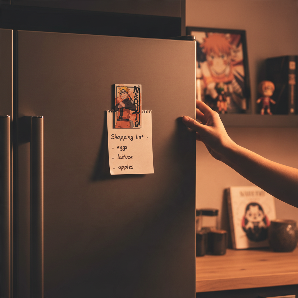 Fans Geek Store Naruto Uzumaki magnet holding a shopping list on a refrigerator door