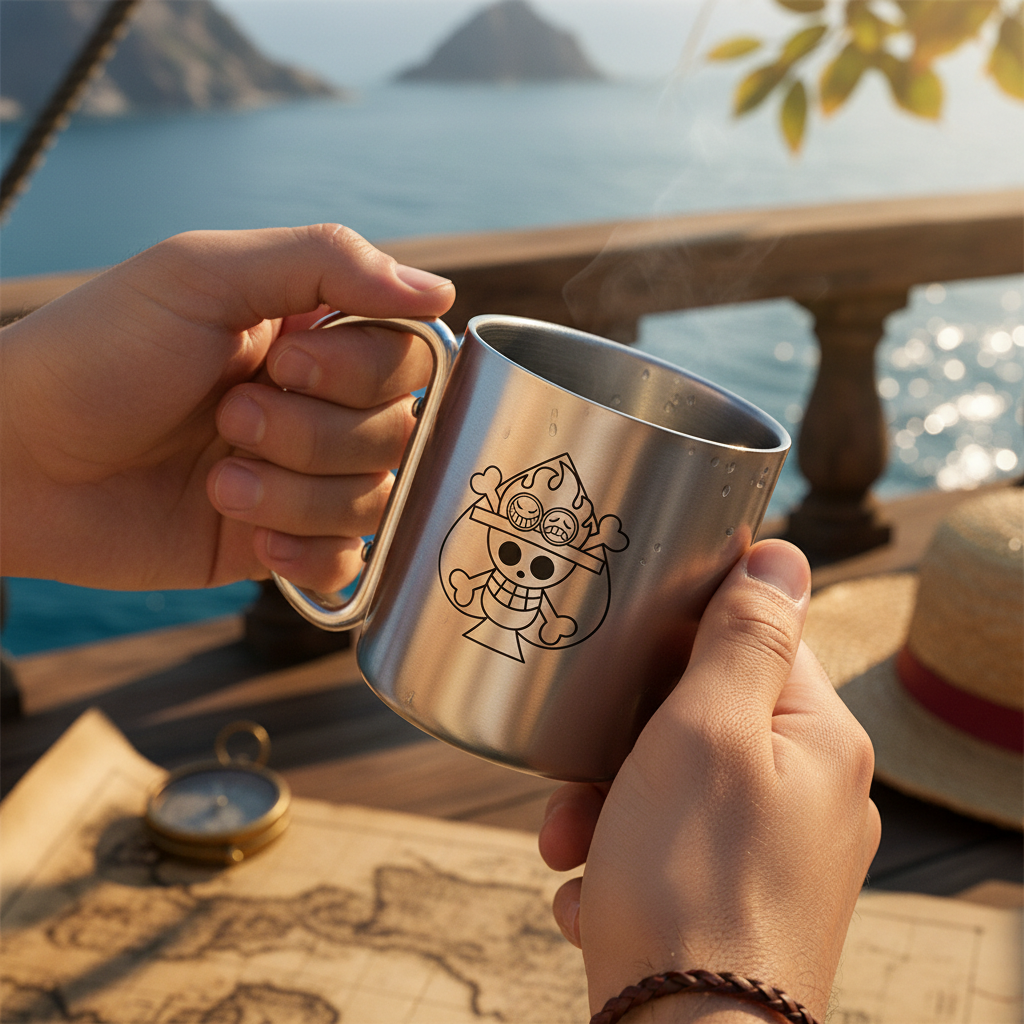 Fans Geek Store stainless steel One Piece Portgas D. Ace mug with carabiner handle held outdoors by the sea