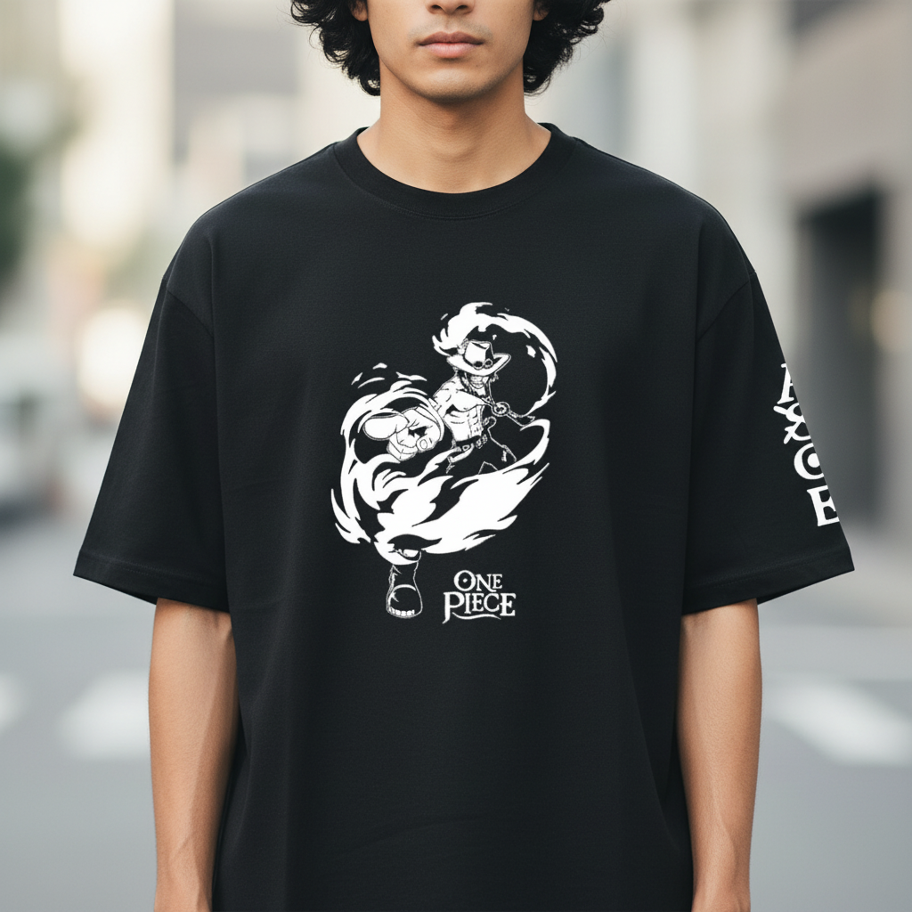 Fans Geek Store black unisex One Piece T-shirt featuring a white graphic of Portgas D. Ace in 100% cotton