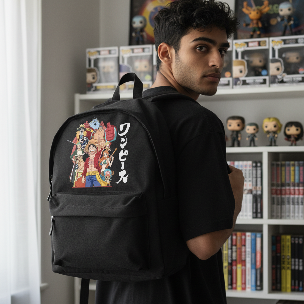 Fans Geek Store black One Piece Straw Hat Crew polyester backpack worn by a young man in a room with anime figures