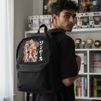 Fans Geek Store black One Piece Straw Hat Crew polyester backpack worn by a young man in a room with anime figures