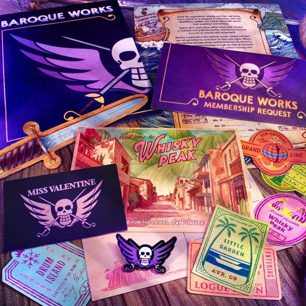 Fans Geek Store One Piece Baroque Works recruitment kit featuring themed postcards, membership documents, and badges.