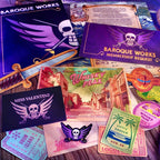 Fans Geek Store One Piece Baroque Works recruitment kit featuring themed postcards, membership documents, and badges.