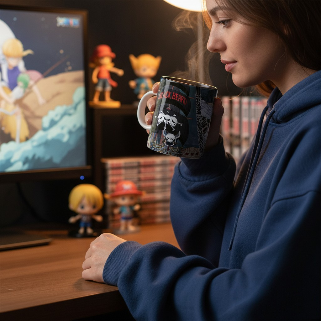 Fans Geek Store ceramic One Piece Blackbeard Pirates mug held by a woman in a blue hoodie at a desk with anime figures