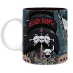Fans Geek Store One Piece ceramic mug featuring the Blackbeard Pirates ship and skull logo on a dark background