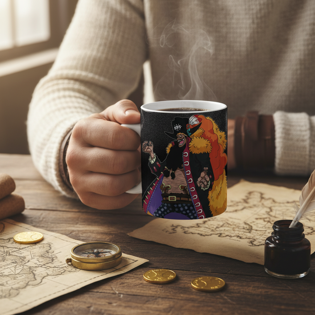 Fans Geek Store ceramic One Piece mug featuring Blackbeard character design held in hand on a rustic wooden table