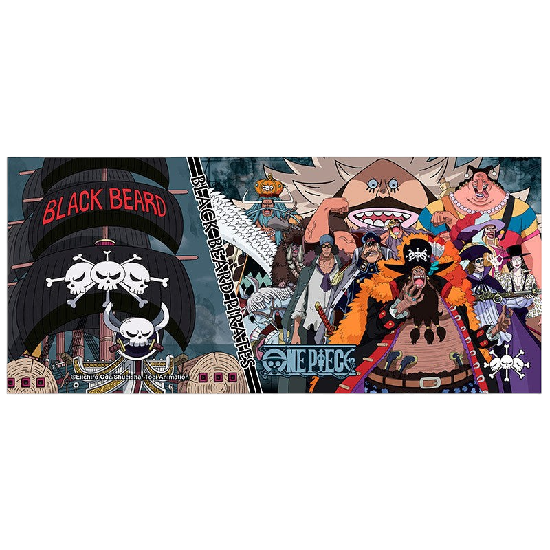 Fans Geek Store One Piece ceramic mug featuring Blackbeard Pirates crew and ship design in vibrant anime style