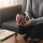 Fans Geek Store ceramic One Piece Blackbeard Pirates mug held by a person with steam rising from the hot drink