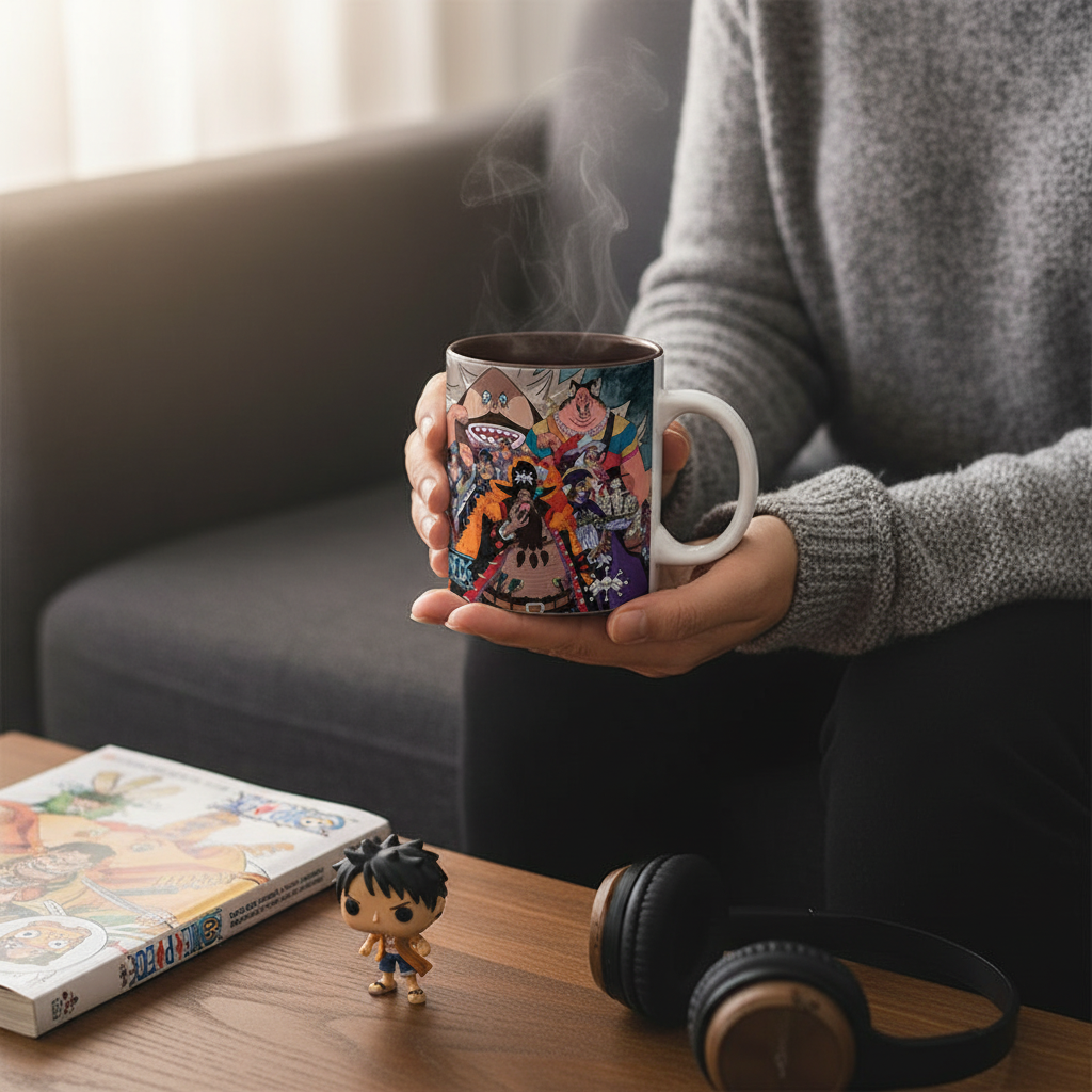 Fans Geek Store ceramic One Piece Blackbeard Pirates mug held by a person with steam rising from the hot drink