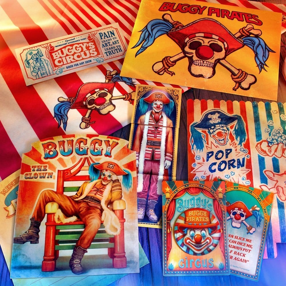 Fans Geek Store One Piece Buggy Pirates recruitment kit featuring circus-themed character cards and pirate artwork