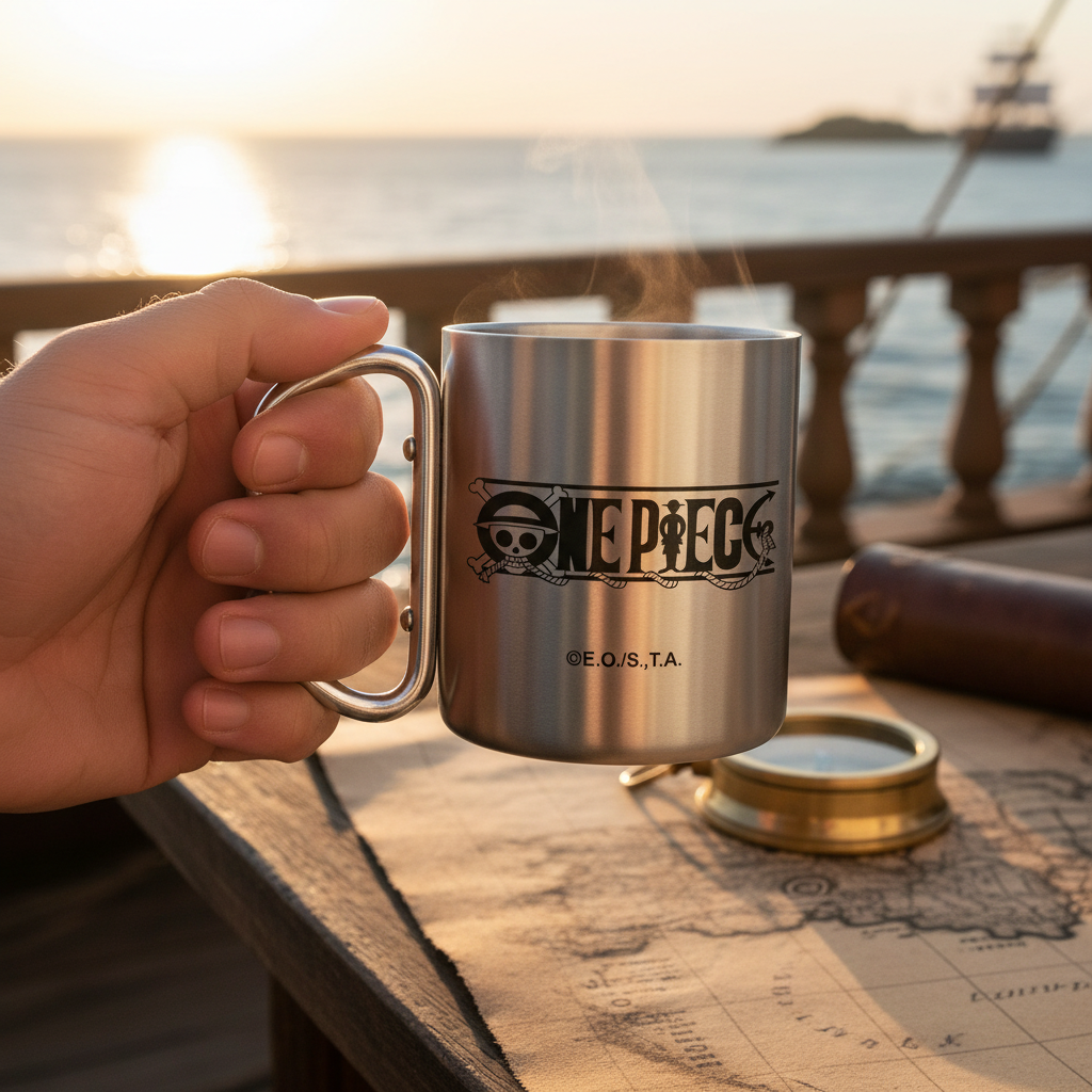 Fans Geek Store One Piece Portgas D. Ace stainless steel mug with carabiner handle held on a ship deck at sunset.