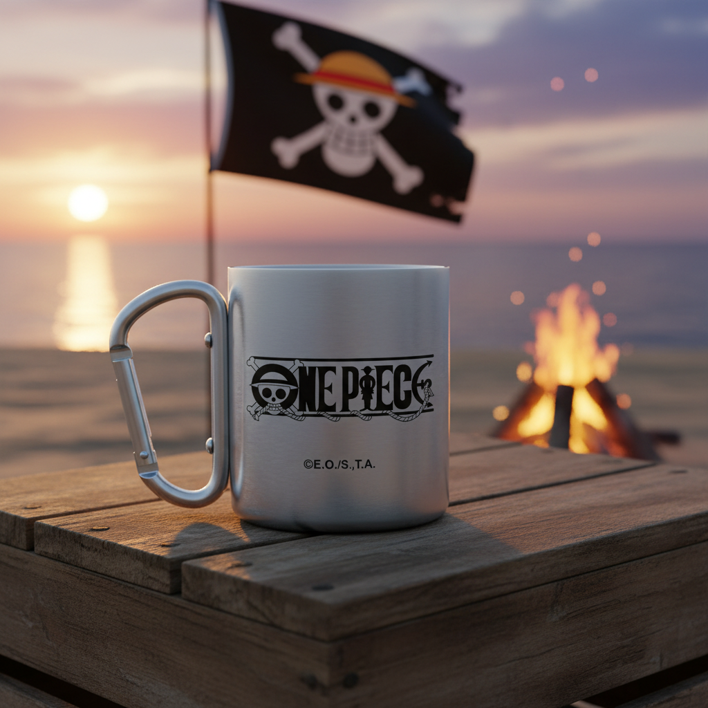 Fans Geek Store stainless steel One Piece mug with a carabiner handle, featuring the logo on a beach at sunset.