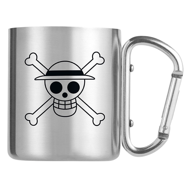 Fans Geek Store stainless steel One Piece mug with a Monkey D. Luffy skull and crossbones logo and carabiner handle.