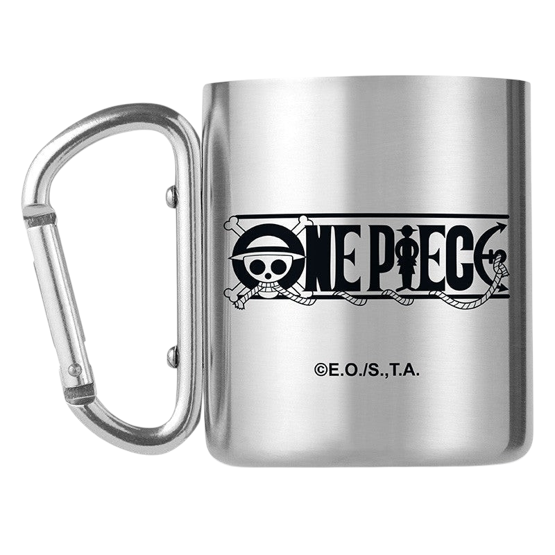 Fans Geek Store stainless steel One Piece mug with a carabiner handle and Straw Hat pirate logo