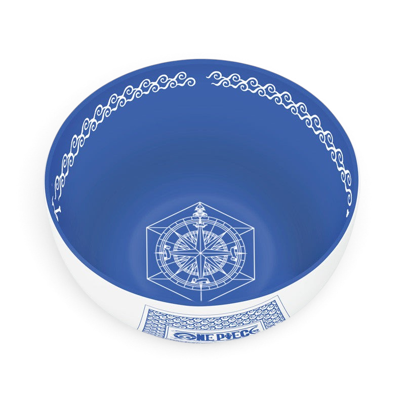 Fans Geek Store One Piece ceramic bowl in blue and white with Japanese wave patterns and a compass design