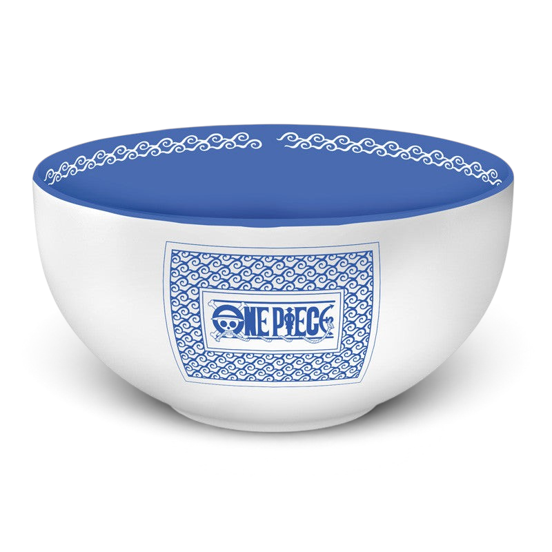 Fans Geek Store One Piece ceramic bowl with blue and white Japanese wave pattern and logo, 600ml capacity