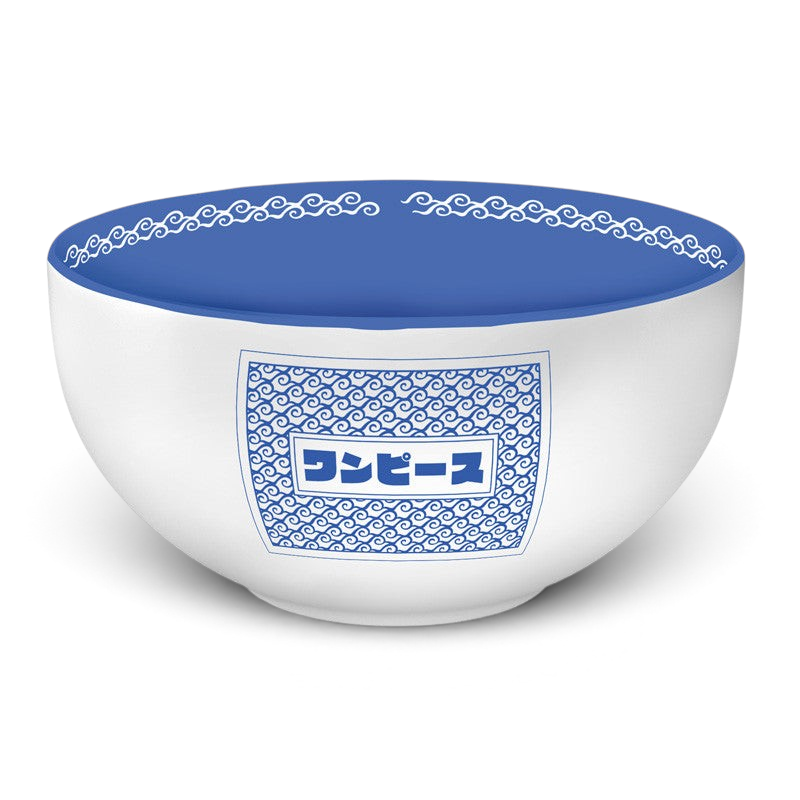 Fans Geek Store One Piece ceramic bowl with blue and white Japanese wave pattern and logo, 600ml capacity.