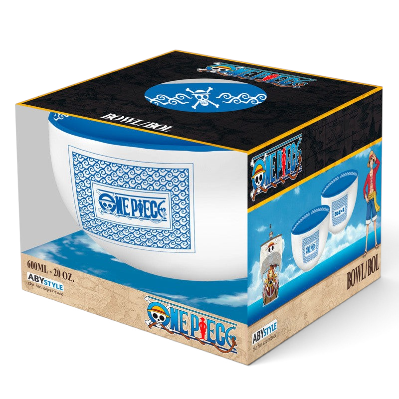 Fans Geek Store One Piece ceramic bowl with blue and white Japanese style patterns in branded display packaging