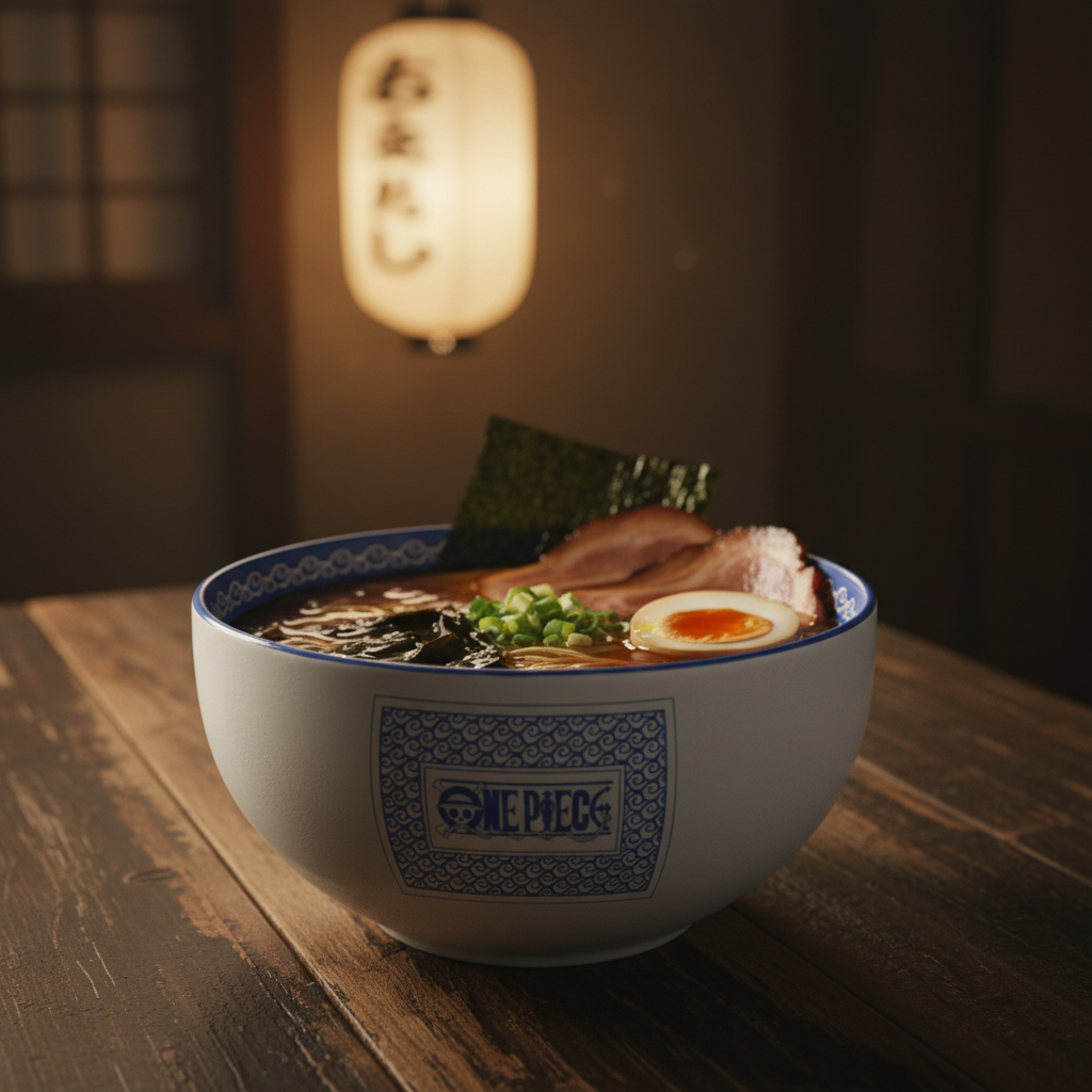Fans Geek Store One Piece ceramic ramen bowl with blue Japanese pattern and logo on a wooden table