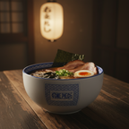 Fans Geek Store One Piece ceramic ramen bowl with blue Japanese pattern and logo on a wooden table