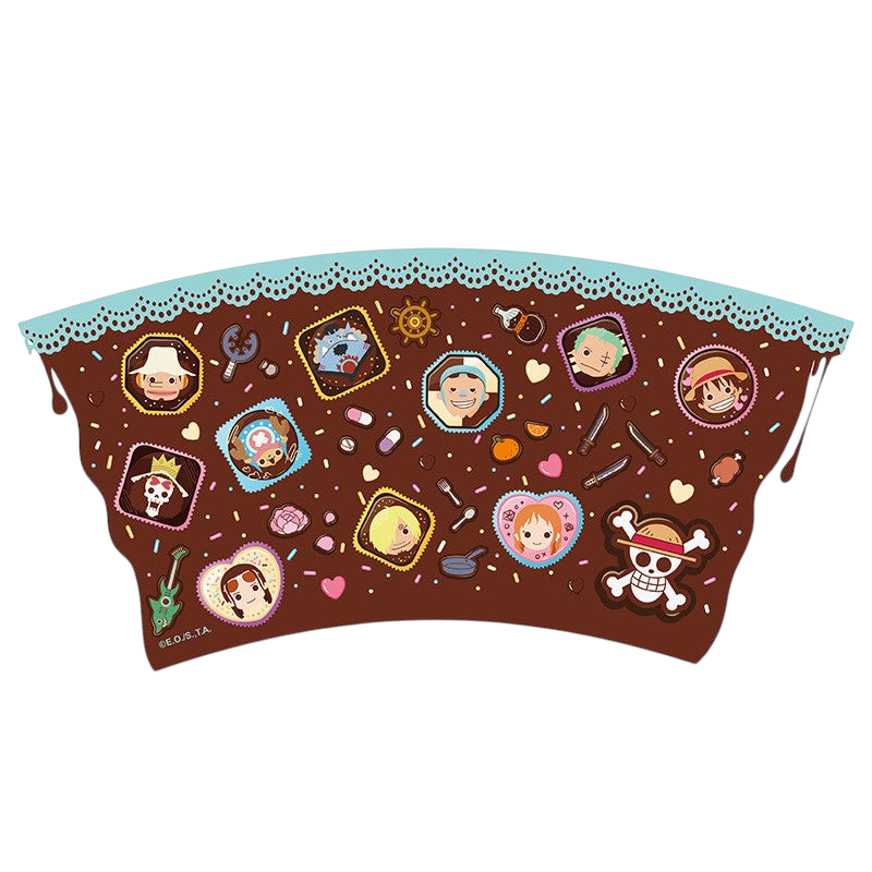 Fans Geek Store One Piece ceramic mug wrap featuring Straw Hat Pirates in chibi style with Whole Cake Island theme