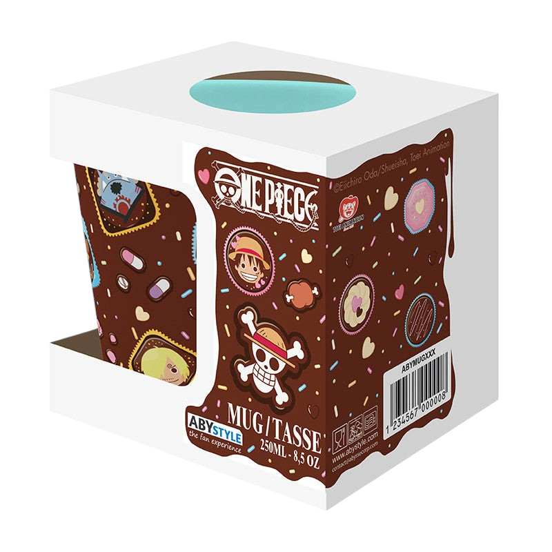 Fans Geek Store One Piece Whole Cake Island ceramic mug featuring colorful chibi Straw Hat Pirates in gift box