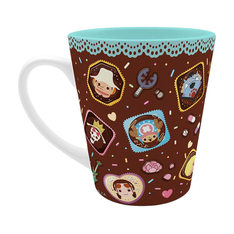 Fans Geek Store One Piece ceramic mug featuring colorful Straw Hat Pirates chibi characters on a brown background.