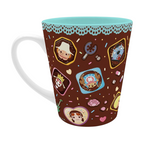 Fans Geek Store One Piece ceramic mug featuring colorful Straw Hat Pirates chibi characters on a brown background.