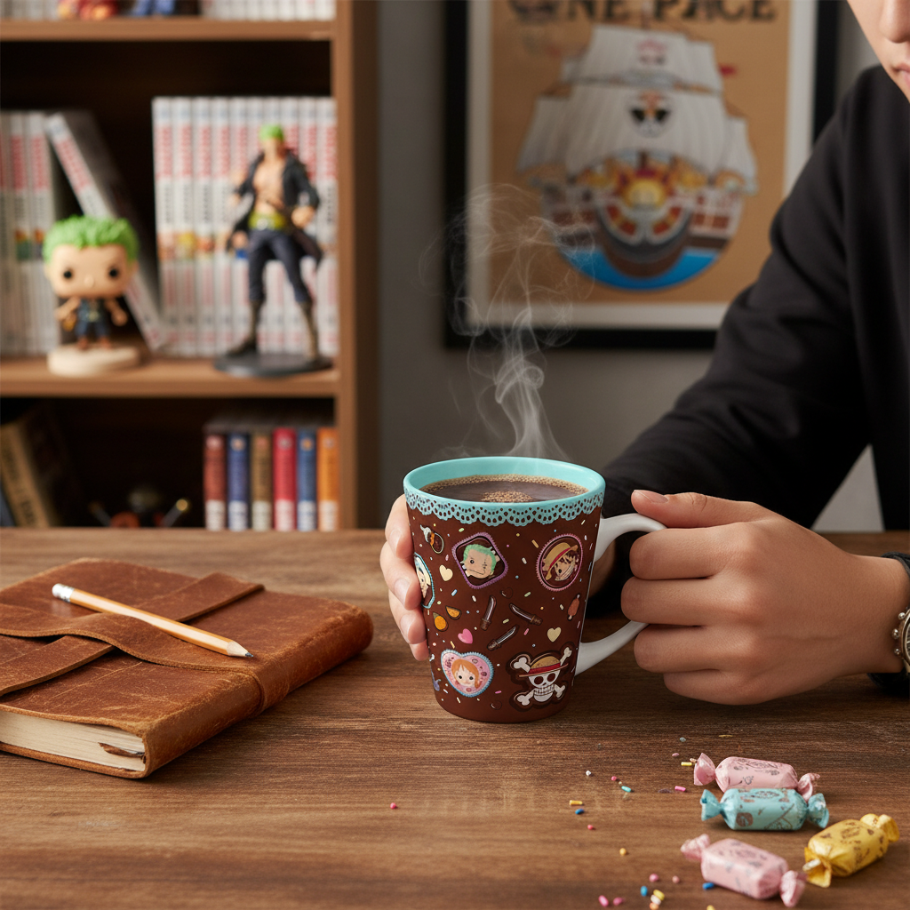Fans Geek Store One Piece ceramic mug featuring chibi Straw Hat Pirates characters on a brown Whole Cake Island theme